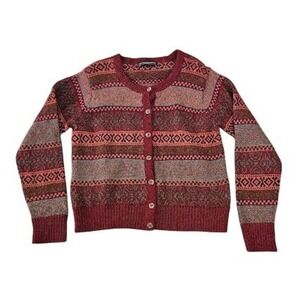 Peruvian Connection 100% Alpaca Fair Isle Women Large Cardigan Sweater Burgundy